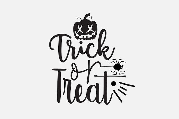 Black lettering trick of treat with a pumpkin and spider. halloween poster.