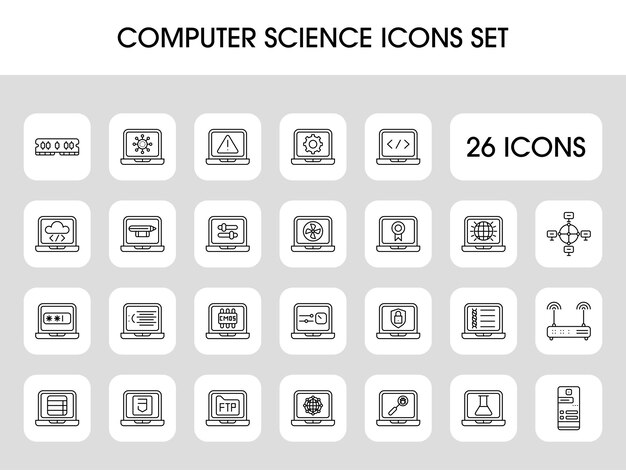 Black Line Art Computer Science Square Icon Set