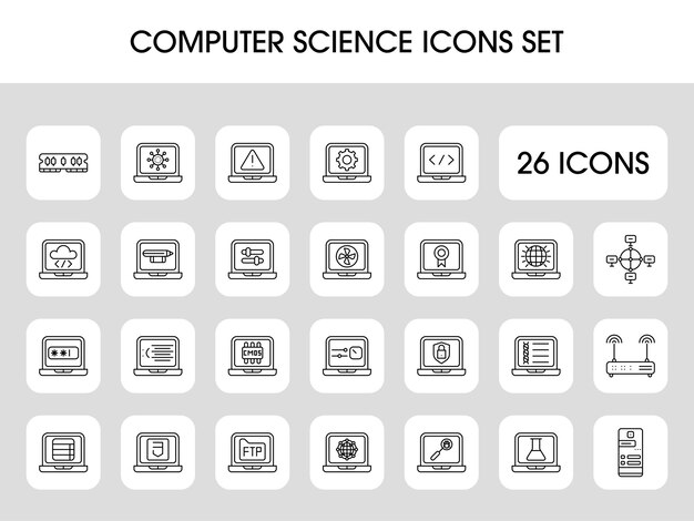 Black Line Art Computer Science Square Icon Set