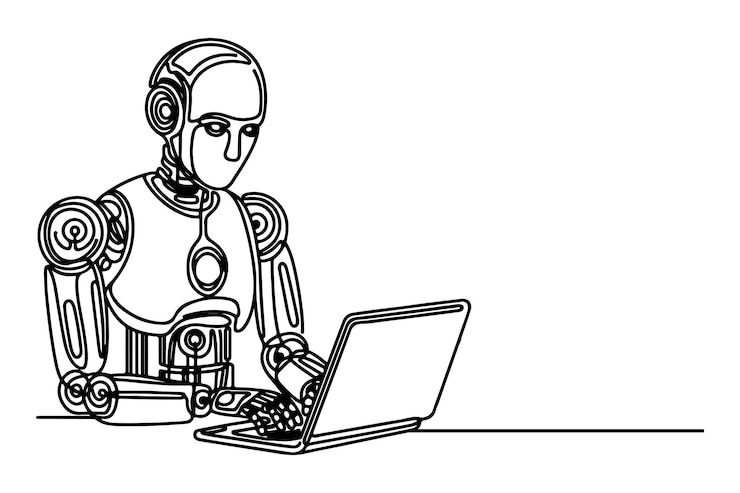 Vector black line art doodle drawing of ai powered humanoid robot working on a laptop