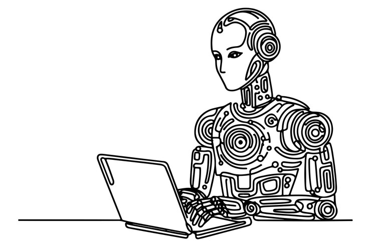 Vector black line art doodle drawing of ai powered humanoid robot working on a laptop