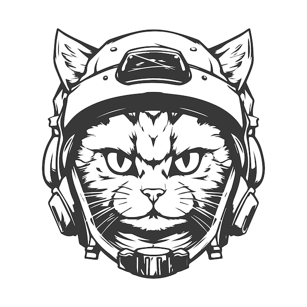 Vector black line art head of a cat wearing a helmet