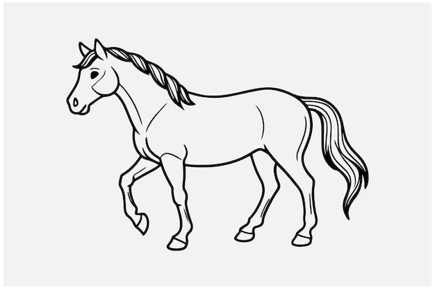 black line art of a horse for kids coloring book in white background