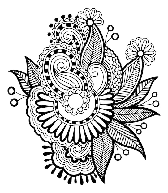 Vector black line art ornate flower design ukrainian ethnic style aut