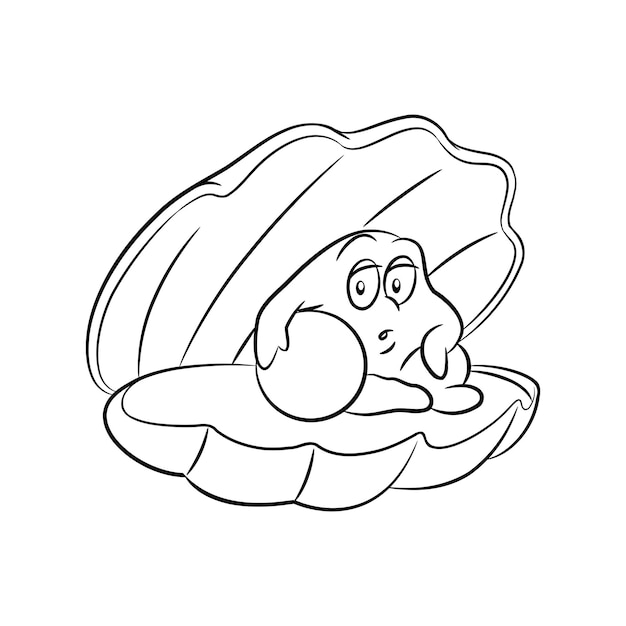 Black Line Art Shell and Pearl Cartoon on a White Background