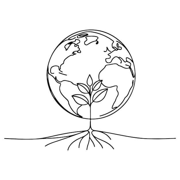 black line art tree growing sprout from planet Earth continuous one line sketch drawing vector