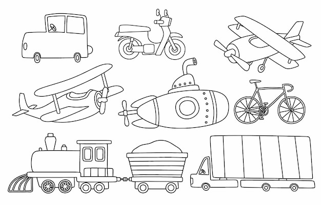 Vector black line doodle set of cute transportation