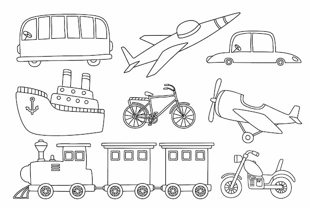 Black line doodle set of cute transportation