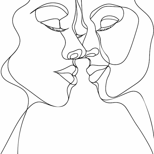 black line drawing art of woman and mans faces