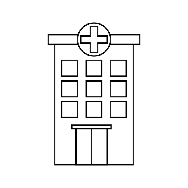 Vector a black line drawing of a hospital building with a cross on the front