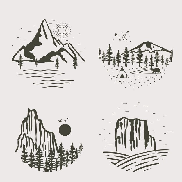 Vector black line natural scenery with mountainriversuntree