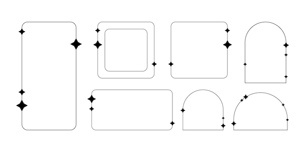 세련되고 트렌디한 디자인 또는 장식을 만들기 위해 별이 있는 기하학적 프레임의 검정 선형 프레임 세트
