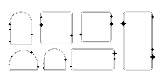 黒の線形フレーム。星がきらめく幾何学的なフレームをセットして、スタイリッシュでトレンディなデザインの装飾を作成します。