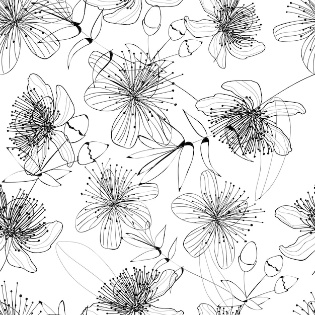 Black lined flowers seamless pattern on a white background