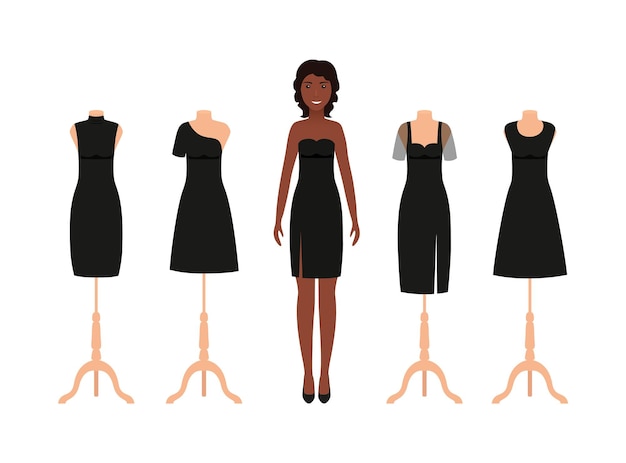 Vector black little dress on women set elegant cocktail dresses on woman mannequins silhouette apparel