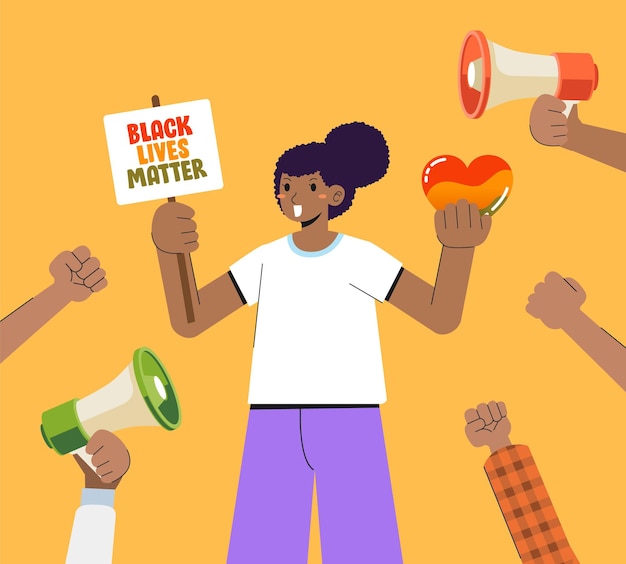 ブラック・ライフズ・マター (Black Lives Matter) キャンペーンのポスターに女性が黒人を支持し平等を得ると書かれています