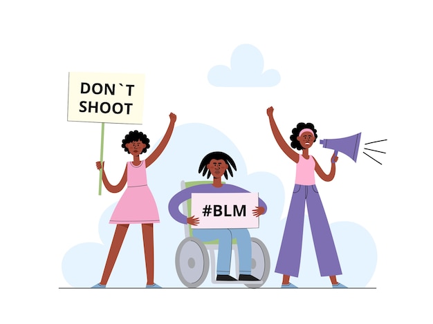 Концепция Black Lives Matter с афроамериканской женщиной, кричащей в мегафон, и мужчинами, держащими плакат на демонстрации, плакат расового равенства в мультяшном стиле на белом