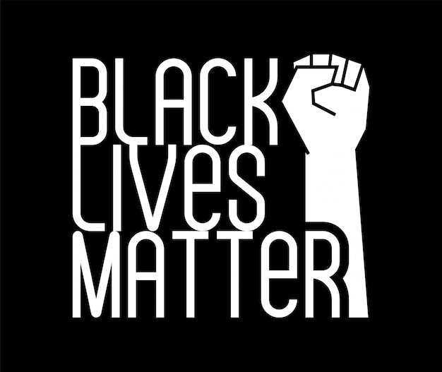 Black lives matter lettering with fist on black background for banner or card