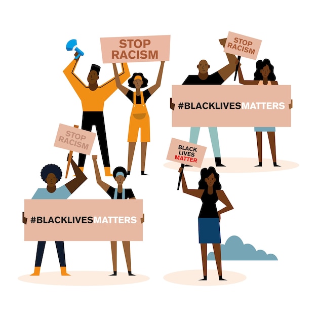 black lives matter stop racism banners megaphone and people design of protest theme.