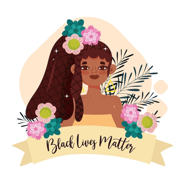 Black lives matter template with cute woman, flowers and ribbon