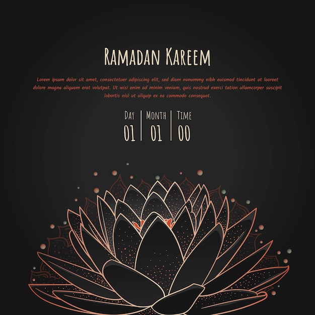 Черный лотос на черном фоне в линейном арт-дизайне для шаблона рамадан карим