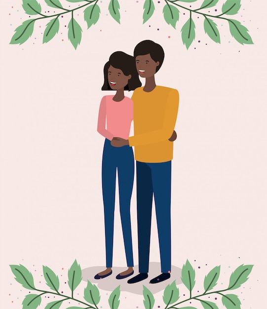 Vector black lovers couple with leafs crown characters