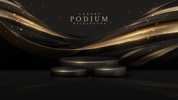 Vector black luxury background product display podium with golden curve line decoration