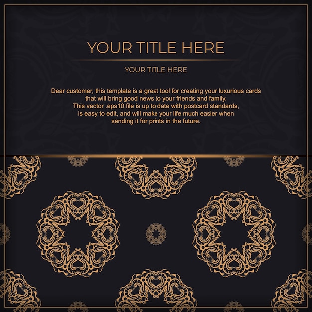 Black luxury invitation card design with vintage Indian ornament. 