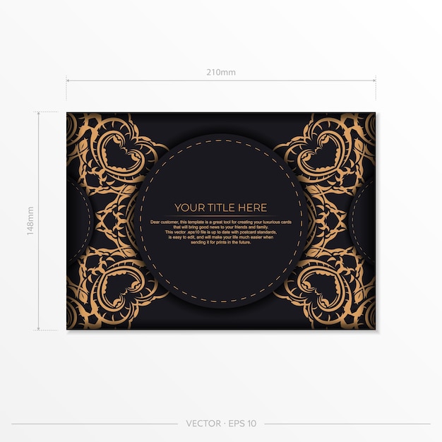 Black luxury invitation card design with vintage Indian ornament. 