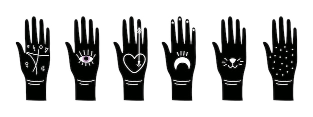 Premium Vector  Black magic hands. magical occult symbols on arm, hand  silhouettes vector set