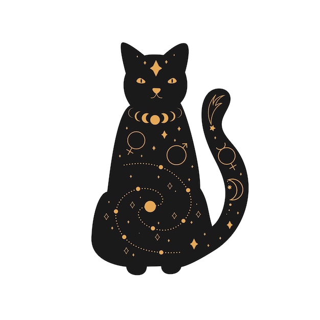 Vector black magical cat, mystic crescent moon esoteric symbol, constellation elements. witchy black pet.
