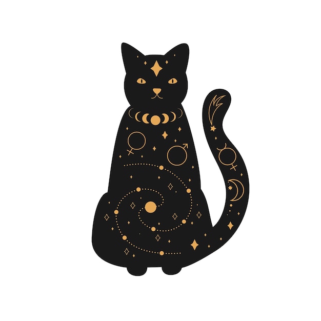 Black magical cat, mystic crescent moon esoteric symbol, constellation elements. witchy black pet.