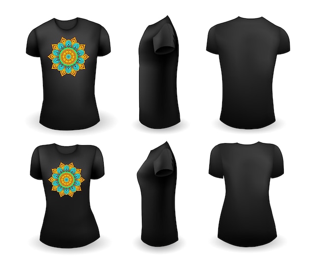 ベクトル 黒の男性と女性のtシャツの現実的なテンプレートと曼荼羅の前面と背面図のベクトル