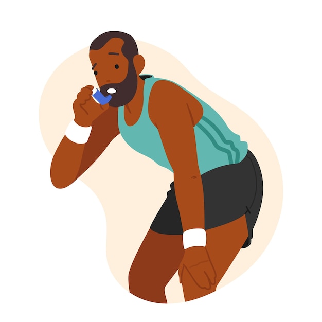 흑인 남성 캐릭터는 아침 조깅이나 스포츠 운동 중에 천식 발작 증상을 유발하는 흡입기를 사용합니다.