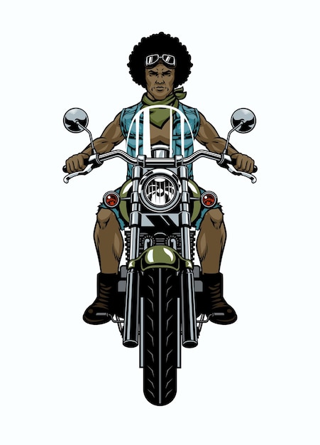 Black man afro hair biker riding motorcycle voorhoek