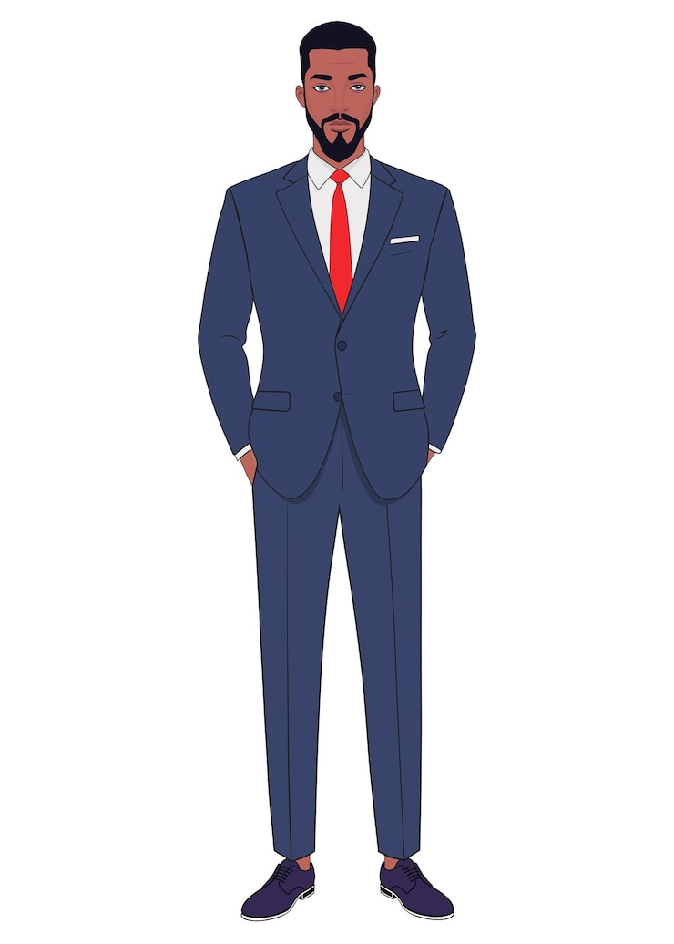 Vector a black man in a business blue suit and tie stands with his hands in his pockets