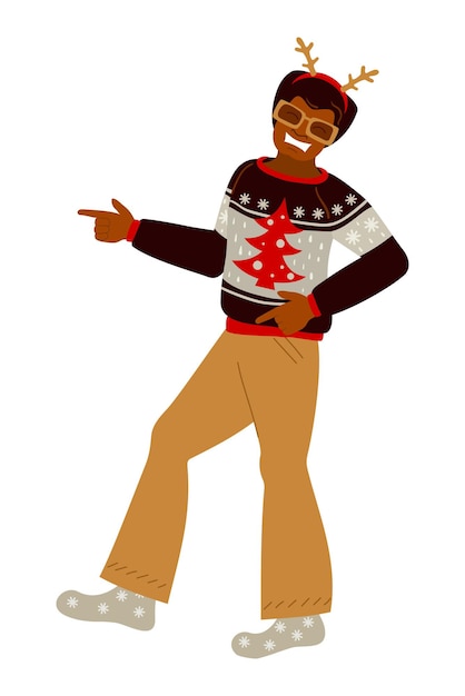 Black man dancing in a ugly knitted sweater