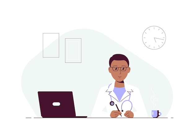 Vector black man doctor sitting at the table in the office. medicine concept, consultation and diagnosis.