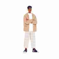 Vector black man in modern fashion clothes young latino guy standing with arms crossed wearing sneakers blazer apparel outfit in trendy style flat vector illustration isolated on white background