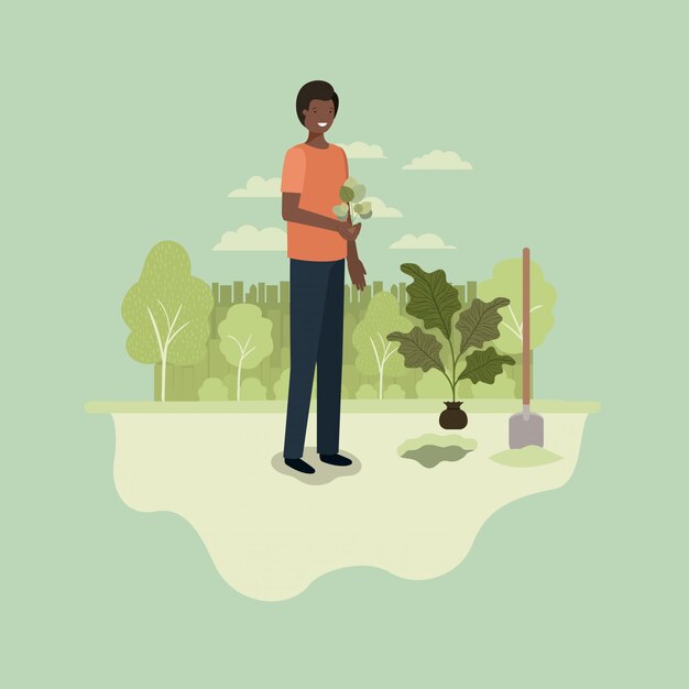 Vector black man planting tree in the park with shovel