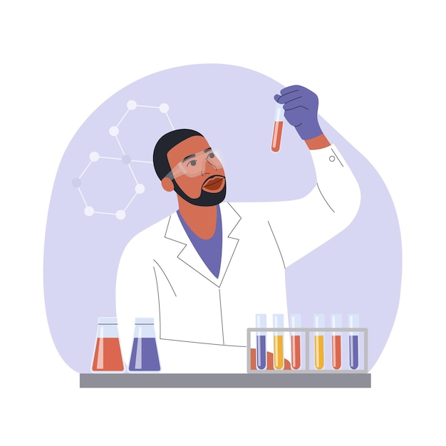 Vector black man scientist analysing biochemicals samples in the lab vector cartoon flat style illustration