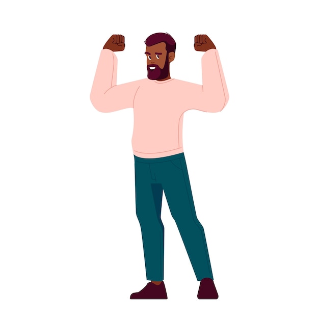Vector black man show muscles perform strength and confidence successful confident happy masculine african male character