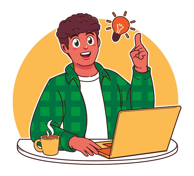 Vector a black man studying on a laptop with a cup of coffee