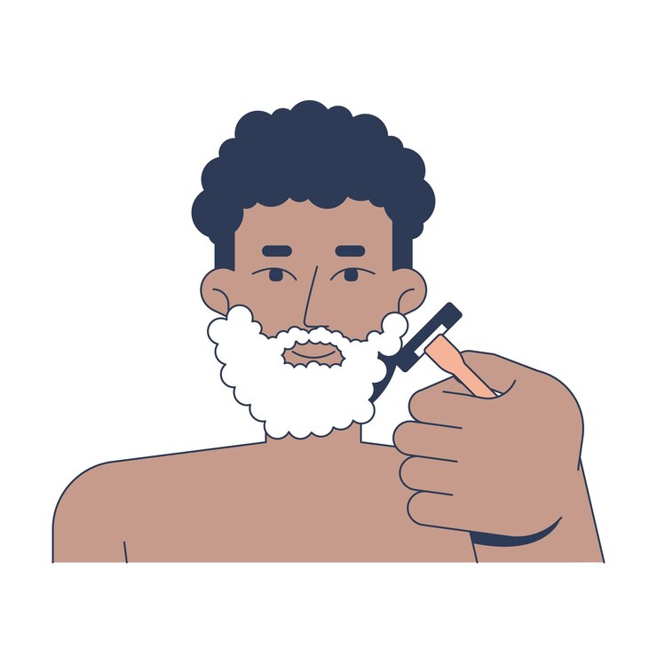 Vector black man using shaving cream and razor to groom beard 2d vector illustration
