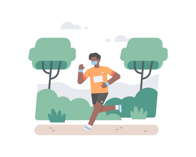 A black man wear a face mask and running alone in forest to escape from coronavirus pandemic illustration