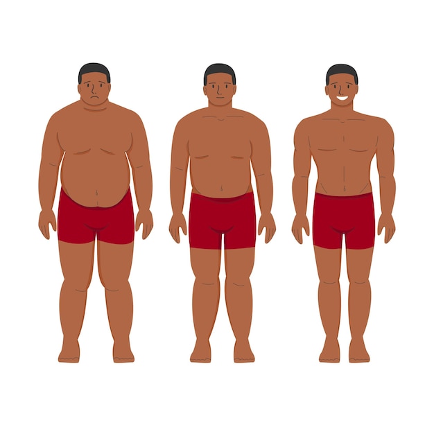 Vector black man weight loss african american fat patient obese man and young healthy thin person