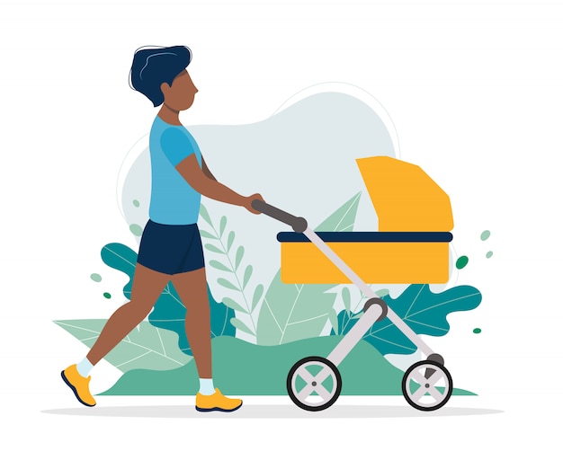 Vector black man with a baby carriage