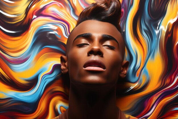 A black man with his eyes closed in front of a colorful background