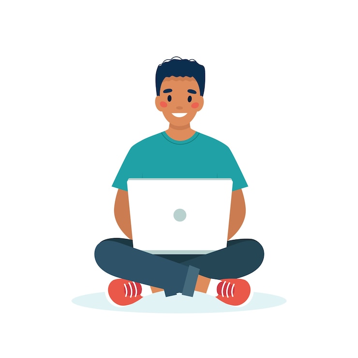 Vector black man with a laptop working, student or remote work concept