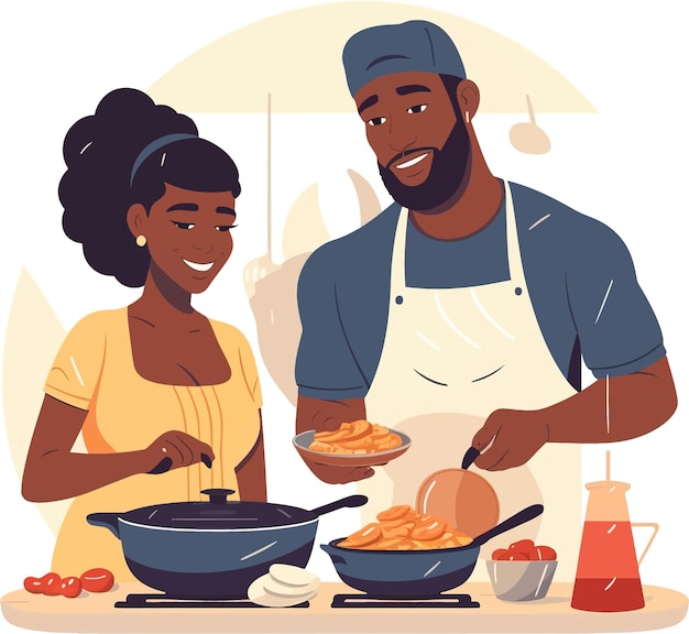 Black man and woman couple cooking together husband and wife flat illustration